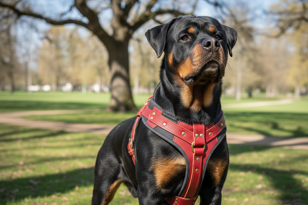 Rottweiler avec harnais rouge
